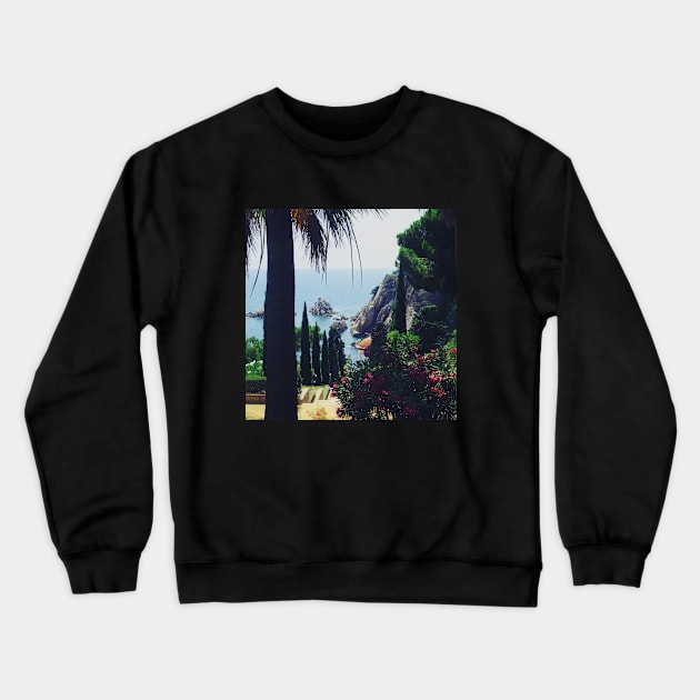 View of the charming Spanish streets Spain sightseeing trip photography from city scape Barcelona Blanes Malgrat del Mar Santa Susuana Crewneck Sweatshirt by BoogieCreates